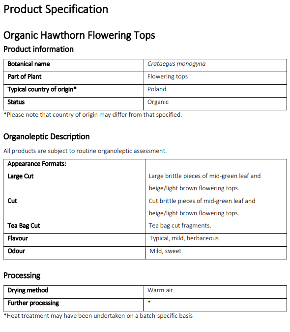Product specification sheet for Organic Hawthorn Flowering Tops with details on botanical name, part of plant, country of origin, appearance formats, flavor, and processing methods.