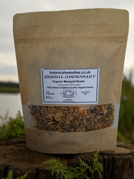 Recyclable zipped packaging of Organic marigold flower from Botanical remedies Herbal Dispensary, an herbal remedy, loose herbal tea