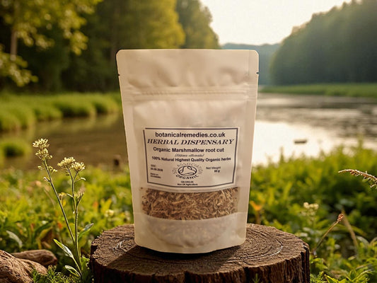 Zipped PE package with Organic Marshmallow root from Botanical remedies herbal dispensary, an herbal remedy, loose herbal tea