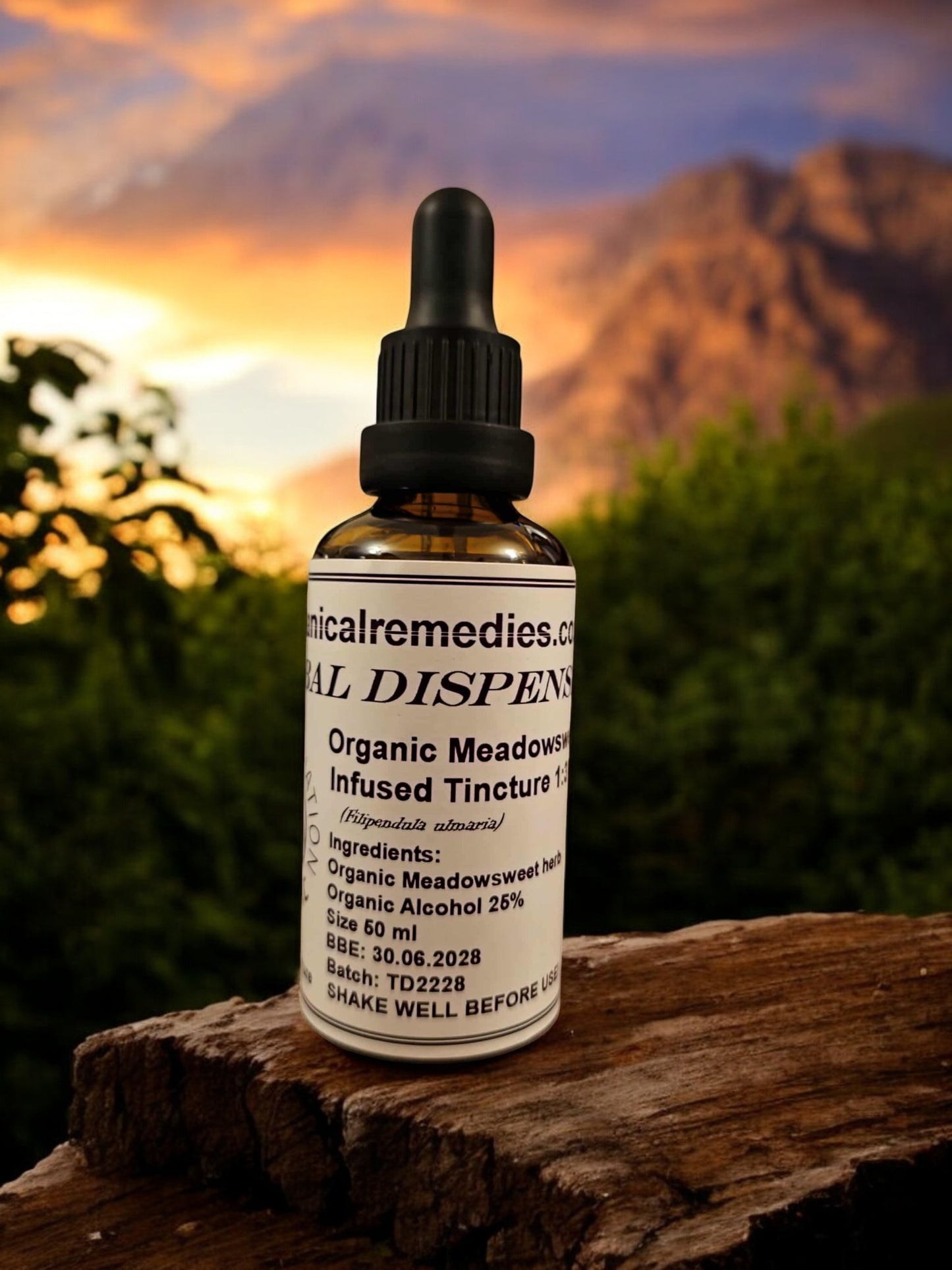Bottle of organic Meadowsweet tincture, an herbal remedy from "Botanical Remedies" herbal dispensary
