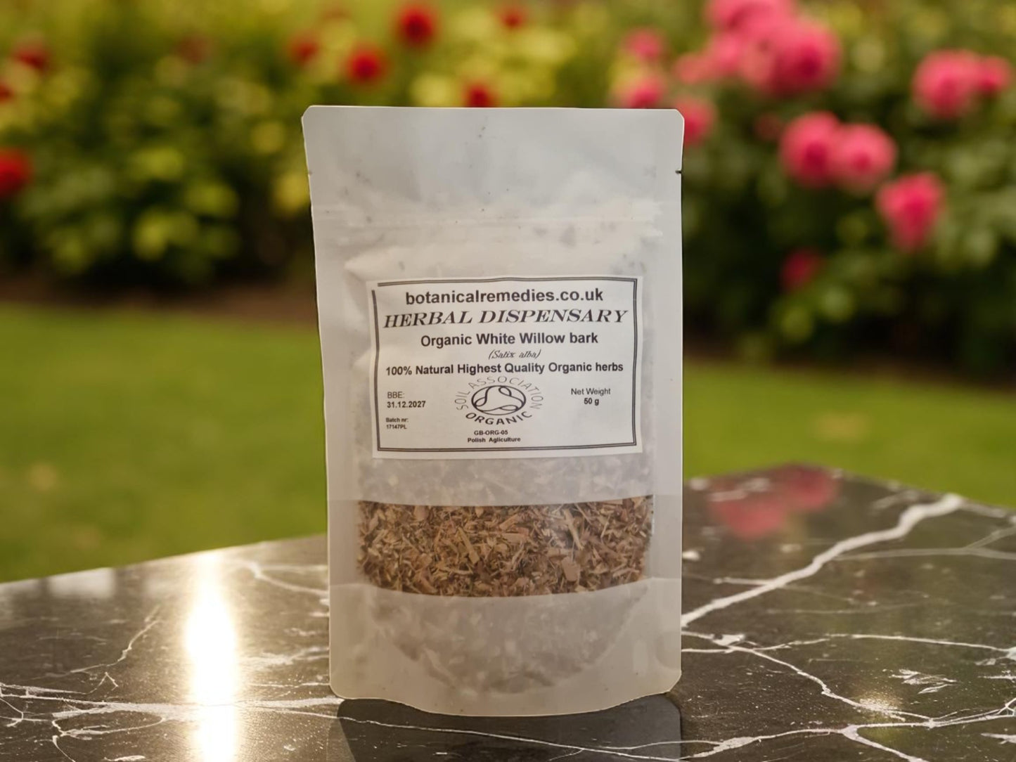 Package with Organic White Willow Bark, dried and cut, loose herbal tea, an herbal remedy
