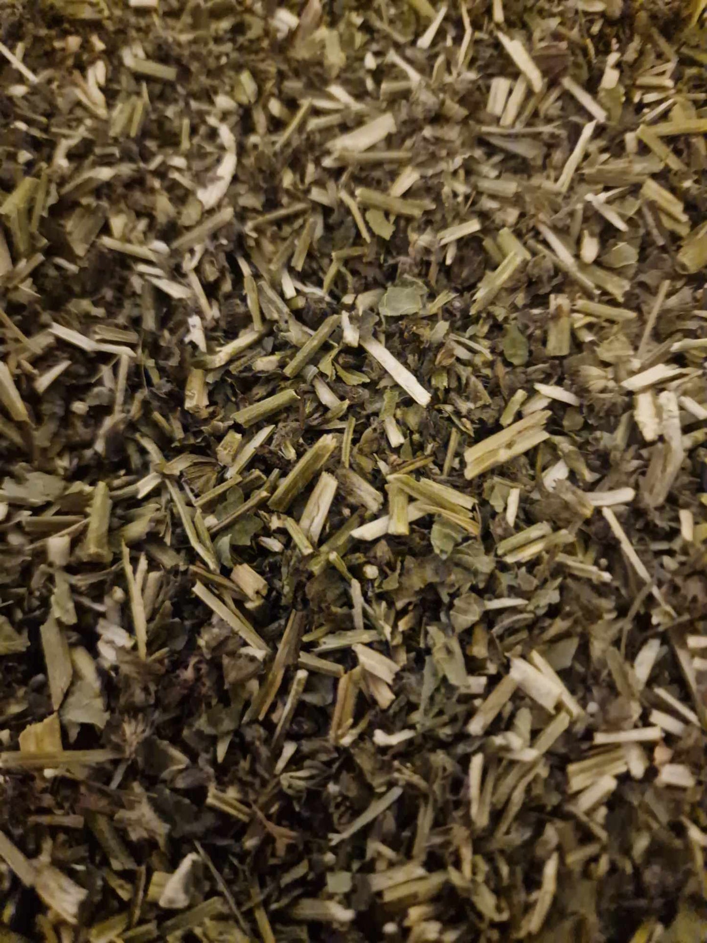 close up of dried and cut pieces of Organic Wood Betony herb from Botanical Remedies herbal dispensary, an herbal remedy, loose herbal tea