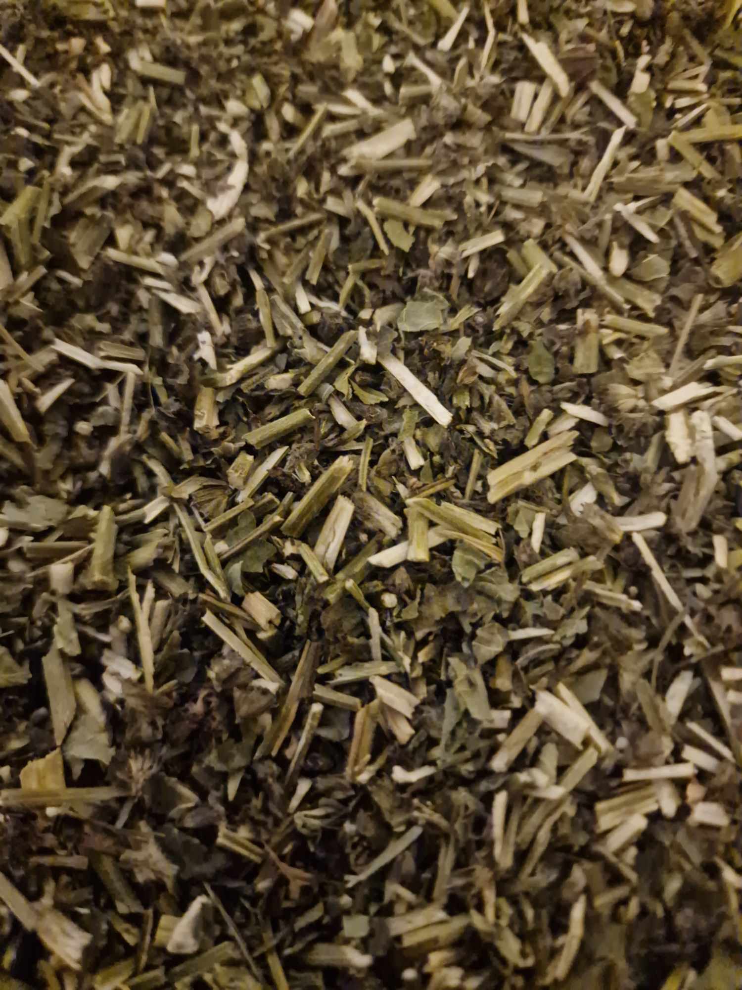 close up of dried  and cut pieces of Organic Wood Betony herb from Botanical Remedies herbal dispensary, an herbal remedy, loose herbal tea
