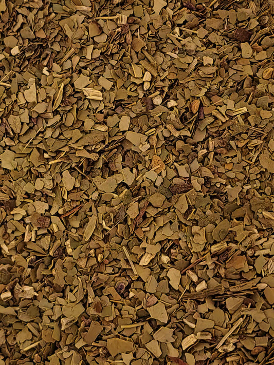 Close-up of dried Organic Yerba mate, an herbal remedy from Botanical remedies herbal dispensary, loose herbal tea
