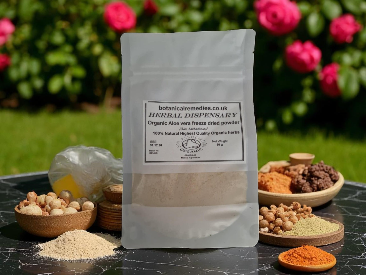 Package with freeze dried Organic Aloe Vera juice powder, an herbal remedy