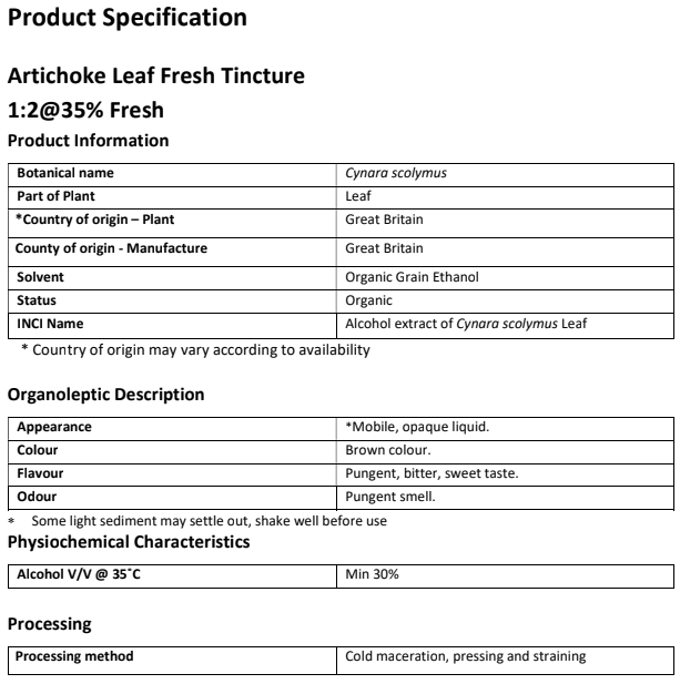Artichoke tincture Organic product specification