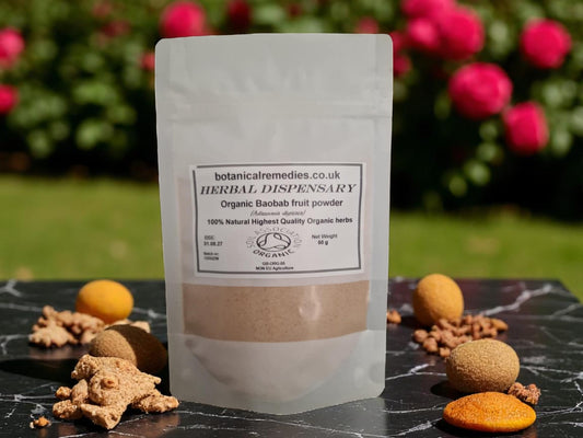 Package with organic Baobab fruit powder, an herbal remedy