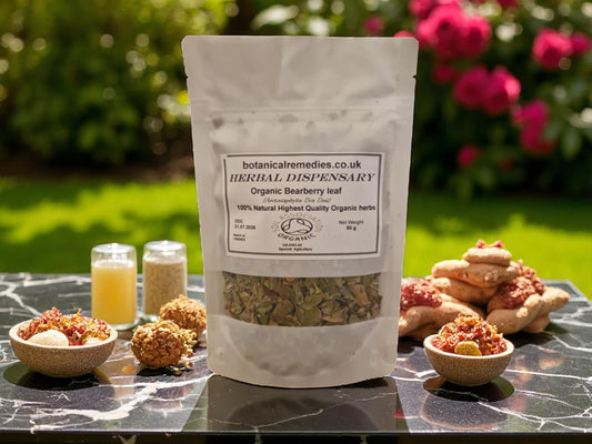 Package with Organic Bearberry leaf from Botanical Remedies herbal dispensary, an herbal remedy, loose herbal tea