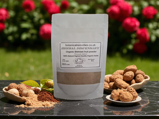 Package with organic Bibhitaki fruit powder, an herbal remedy