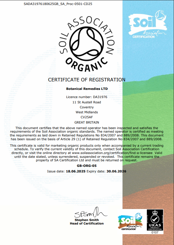 A document showing Organic Certificate for Botanical Remedies
