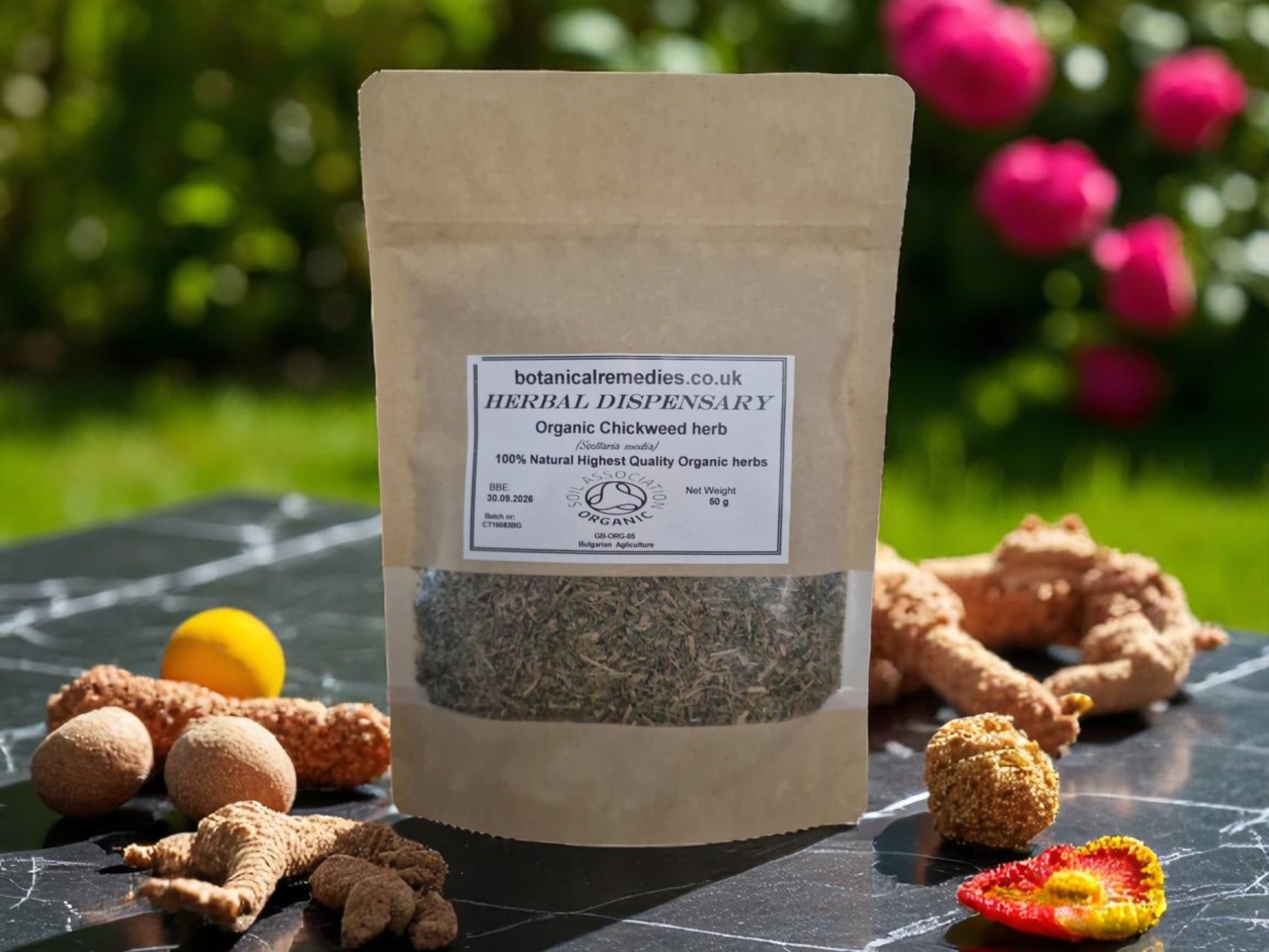 Package with Organic Chickweed herb dried and cut from Botanical Remedies herbal dispensary, an herbal remedy, loose herbal tea