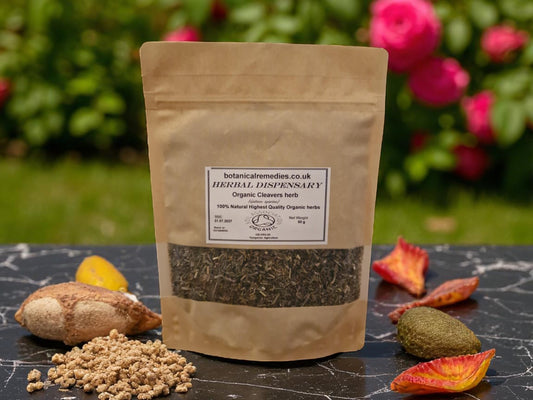 package with Organic Cleavers herb from Botanical Remedies herbal dispensary, dried and cut, an herbal remedy, loose herbal tea