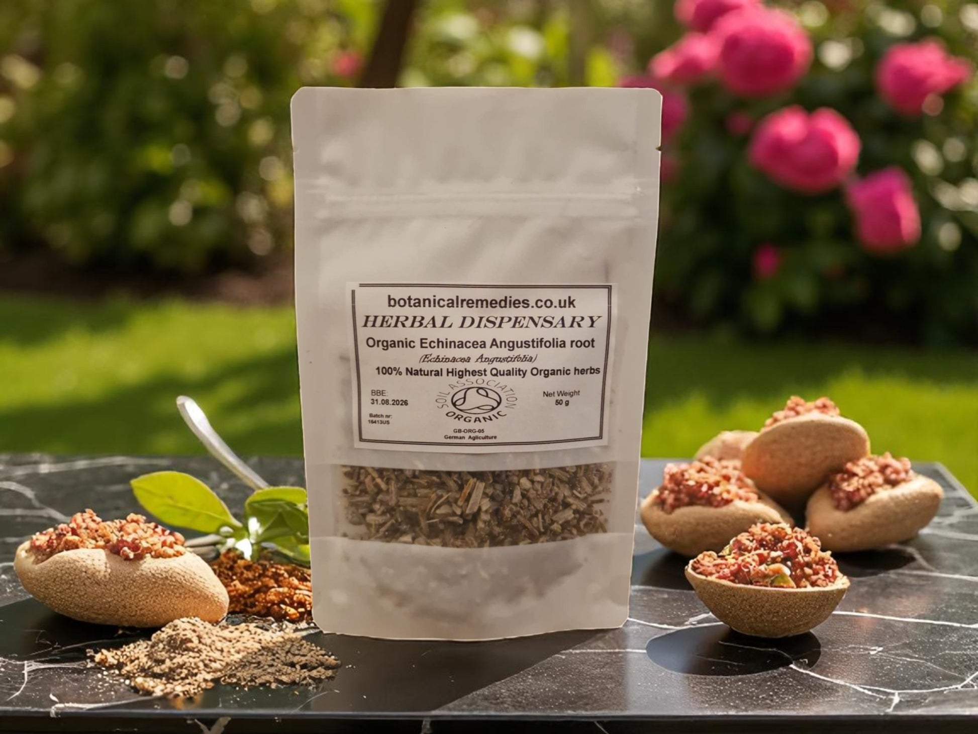 Package with Organic Echinacea Angustifolia root, dried and cut loose tea, an herbal remedy