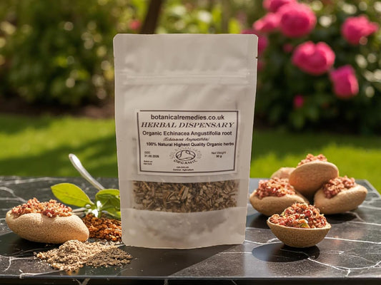 Package with Organic Echinacea Angustifolia root, dried and cut loose tea, an herbal remedy