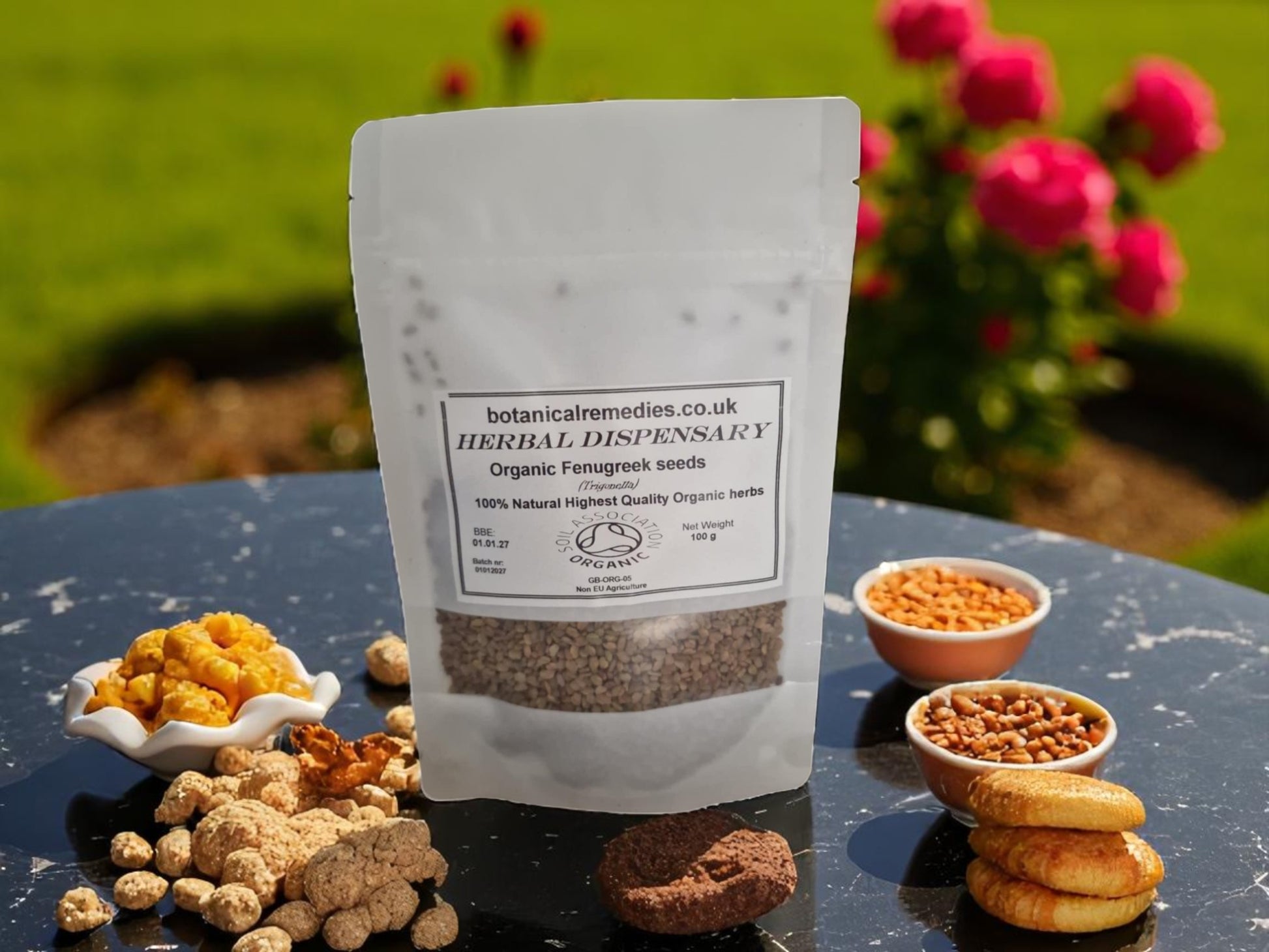 Package with Organic Fenugreek seeds from Botanical Remedies herbal dispensary, an herbal remedy, loose herbal tea