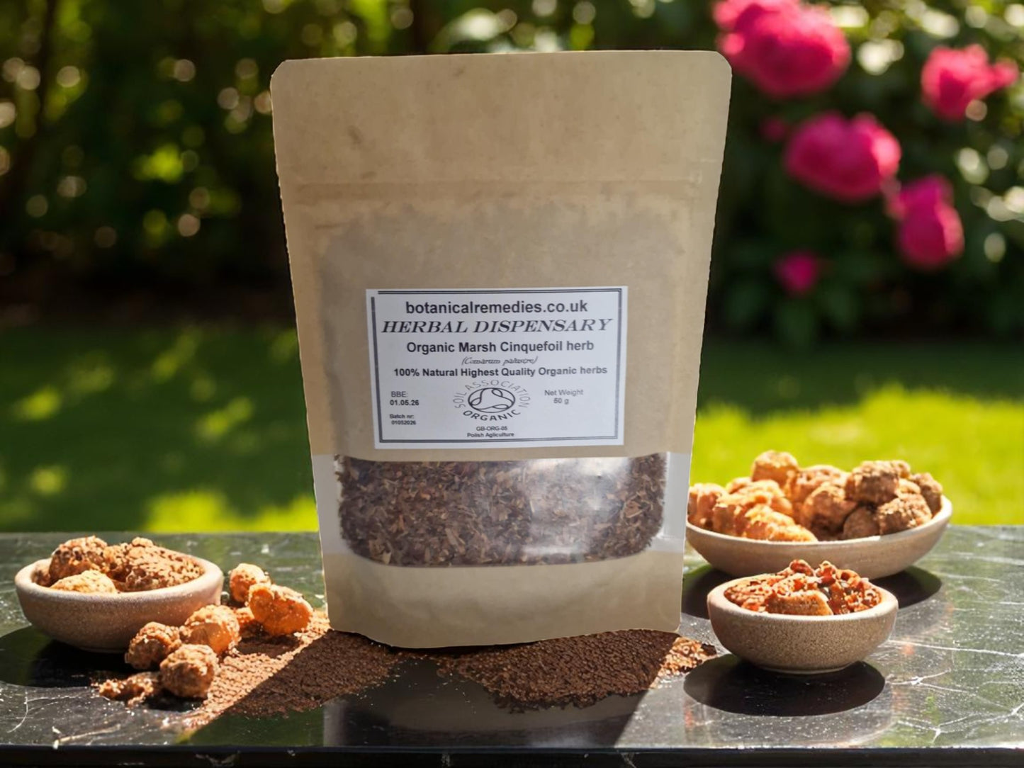 Package with Organic Marsh Cinquefoil herb, dried and cut, loose herbal tea, an herbal remedy