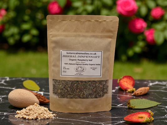 Package with Organic Raspberry leaf from Botanical Remedies herbal dispensary, loose herbal tea, an herbal remedy