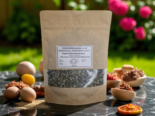 Package with Organic Wood betony herb from Botanical Remedies Herbal dispensary, an herbal remedy, loose herbal tea
