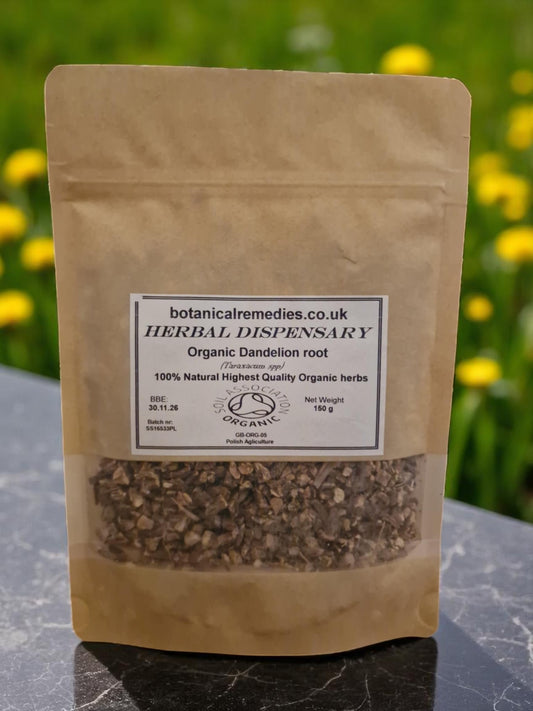 Fully recyclable packaging of organic dandelion root, an herbal remedy from Botanical Remedies herbal dispensary