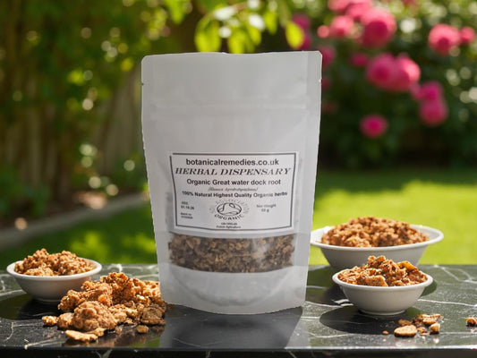 Package with Organic great water dock root from Botanical Remedies herbal dispensary, an herbal remedy, loose herbal tea