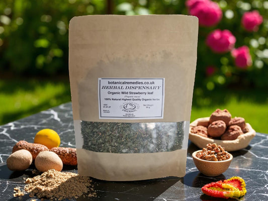 Package with Organic Wild Strawberry leaf from Botanical Remedies herbal dispensary, loose herbal tea, an herbal remedy