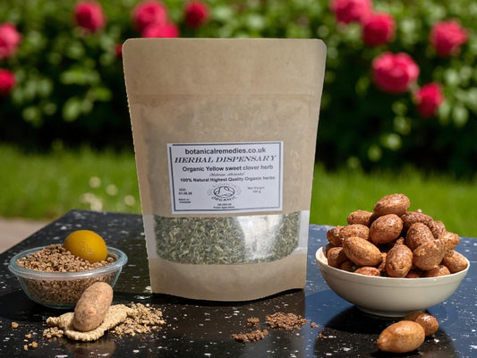 Package with Organic Yellow Sweet Clover herb from Botanical Remedies herbal dispensary, dried and cut, loose herbal tea, an herbal remedy