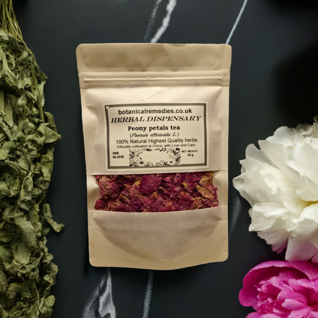 Package with peony petals, an herbal remedy, loose herbal tea