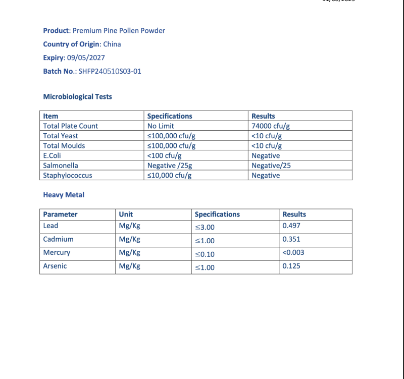 Product label for Premium Pine Pollen Powder with test results and specifications.