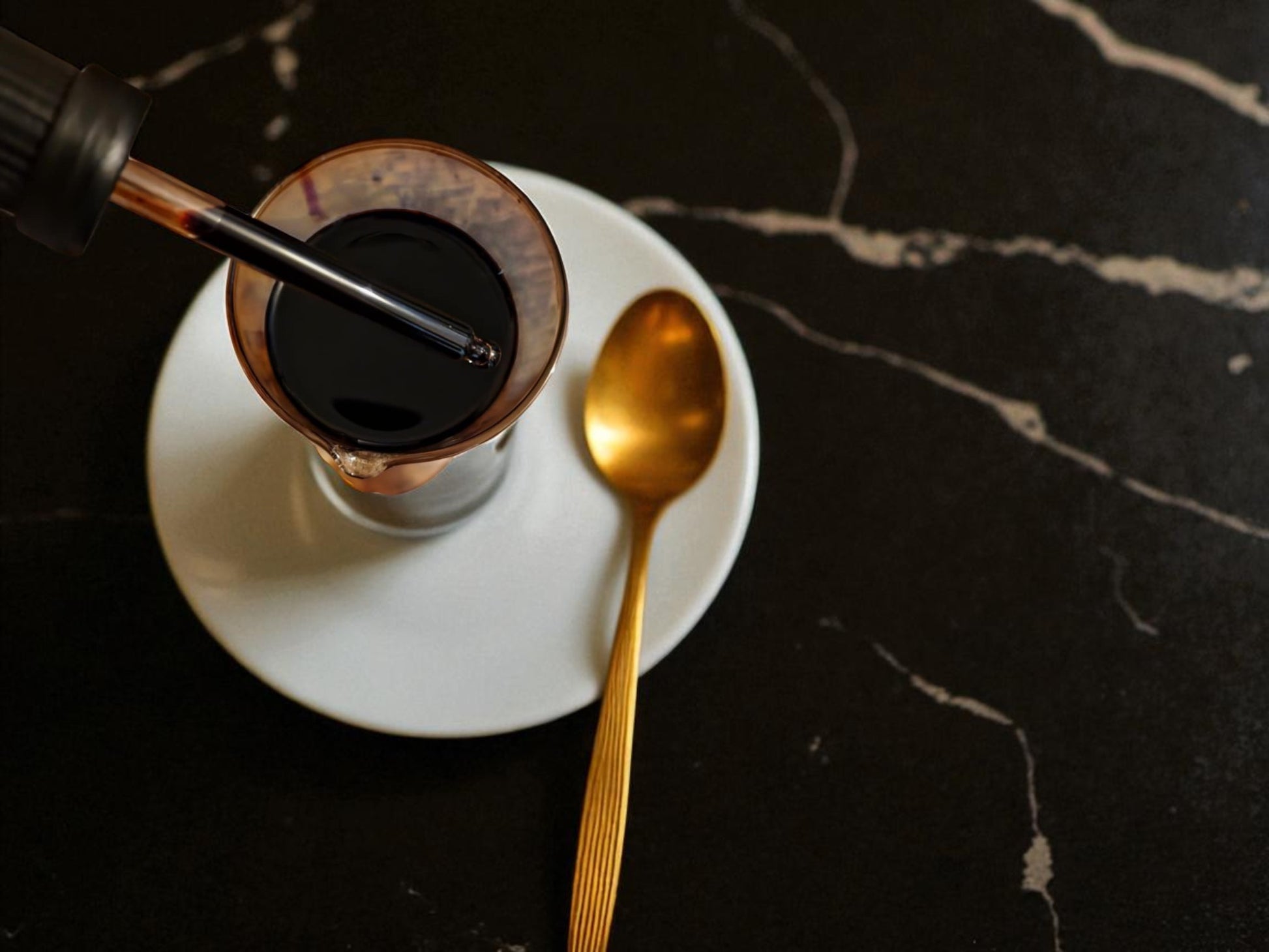 Glass of Chaga liquid with a dropper filed with Chaga tincture from Botanical Remedies herbal dispensary