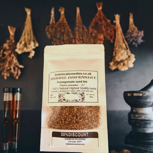 Package from Botanical Remedies with pomegranate seeds, an herbal remedy