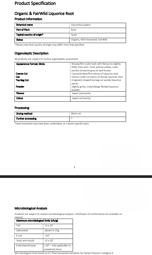 Product specification sheet for Organic Liquorice Root with analysis results