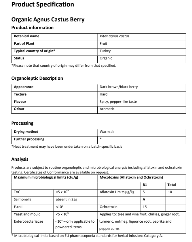 Product specification sheet for Organic Agnus Castus Berry from Botanical Remedies with details on botanical name, appearance, texture, flavor, and processing.