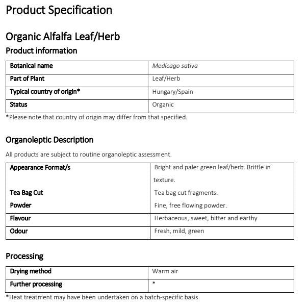 product specification for Organic Alfalfa pt1
