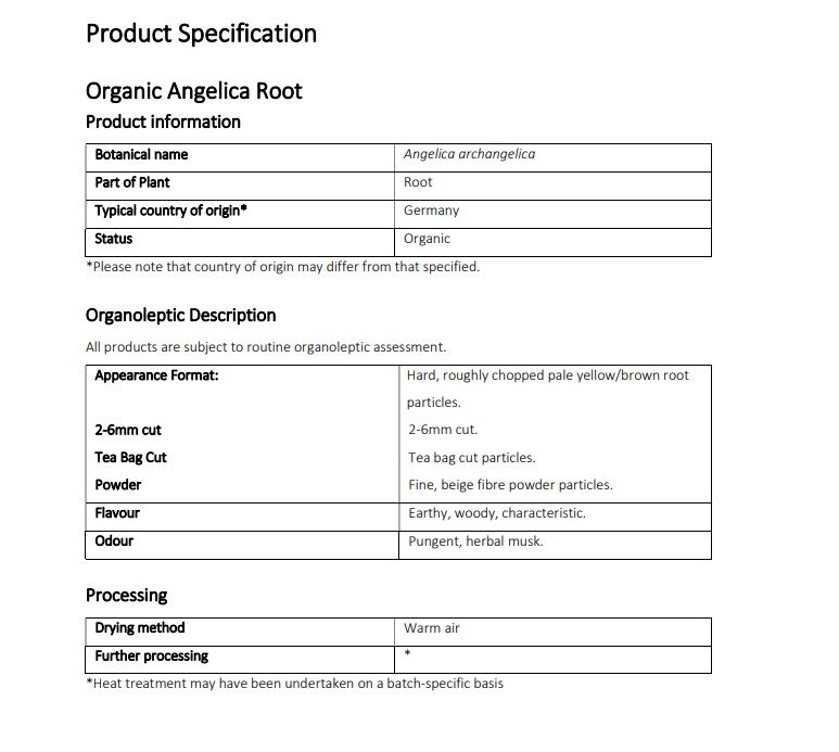 Product specification sheet for Organic Angelica Root with details on botanical name, origin, appearance, and processing.