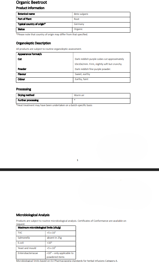 Product information sheet for organic beetroot with details about product