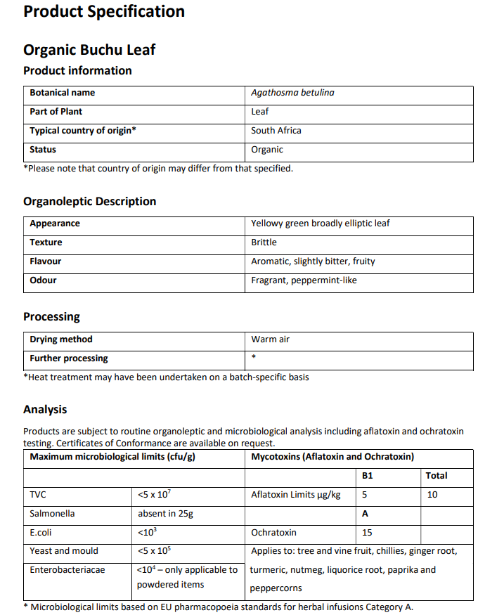 Product specification sheet for Organic Buchu Leaf with details on botanical name, part of plant, country of origin, appearance, texture, flavor, odor and microbiological analysis.