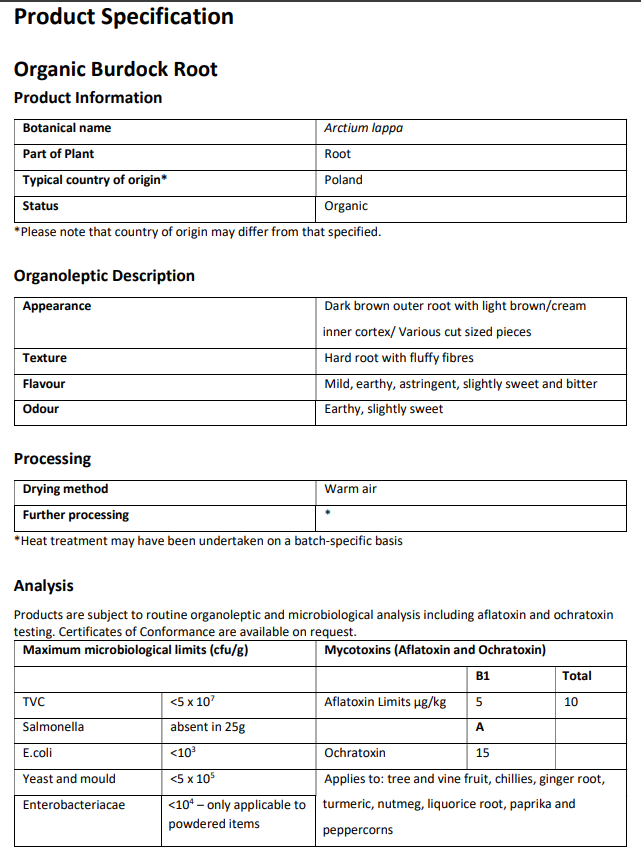 Product specification sheet for organic burdock root with details on botanical name, appearance, texture, flavor, and processing.