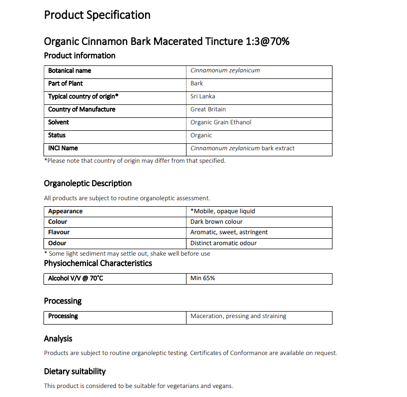 Product specification sheet for Organic Cinnamon Bark Macerated Tincture 1:3@70% from Botanical Remedies herbal dispensary