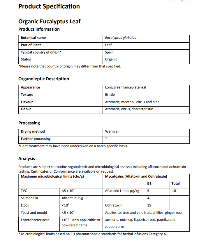 Organic Eucalyptus leaf whole (Eucalyptus globulus)