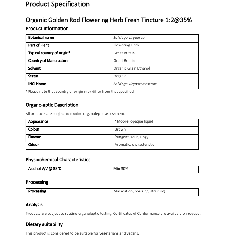 Product specification sheet for Organic Golden Rod Flowering Herb Fresh Tincture