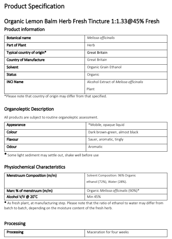 Product specification sheet for Organic Lemon Balm Herb Fresh Tincture from Botanical Remedies