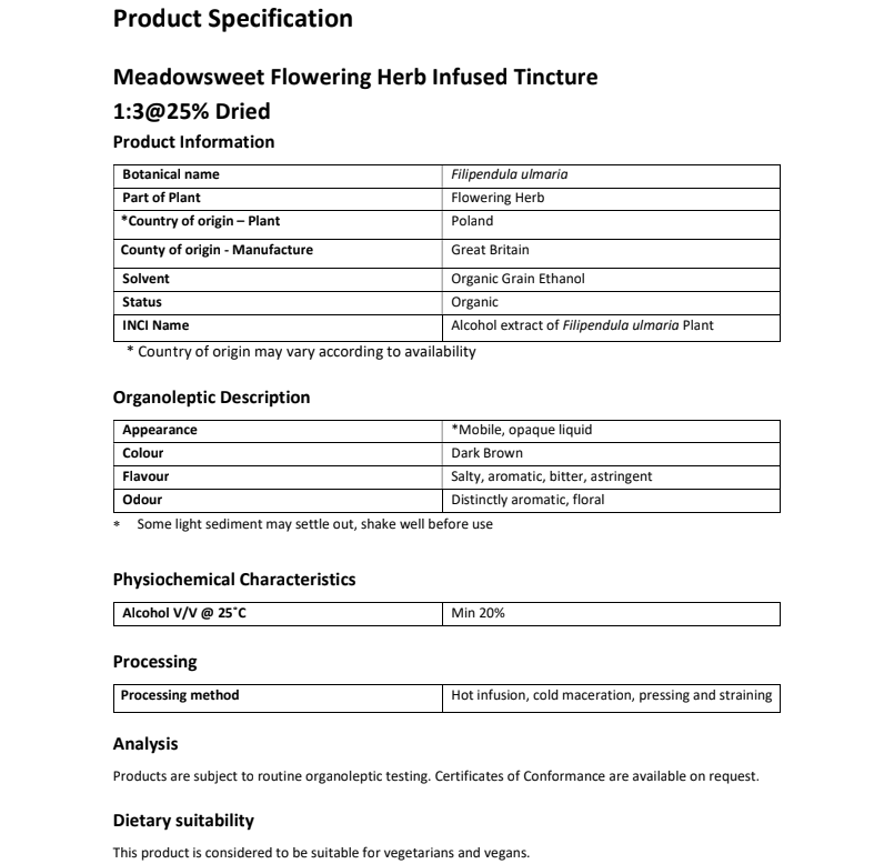 Product specification sheet for Organic meadowsweet flowering herb infused tincture