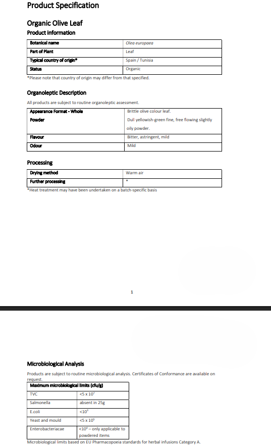 Product specification sheet for organic olive leaf with information about product.