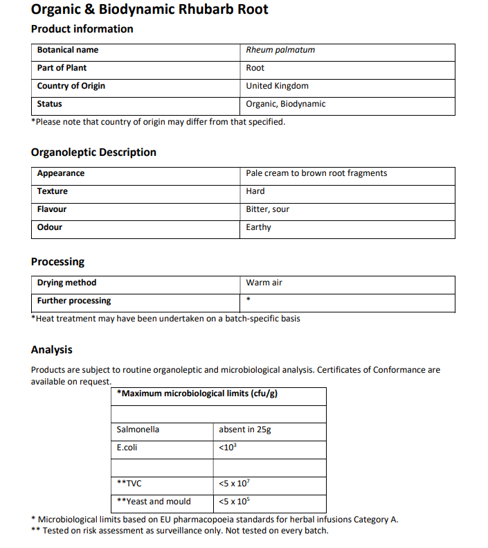 Product information sheet for Organic & Biodynamic Rhubarb Root with details on botanical name, origin, appearance, flavour, processing and microbiological analysis.