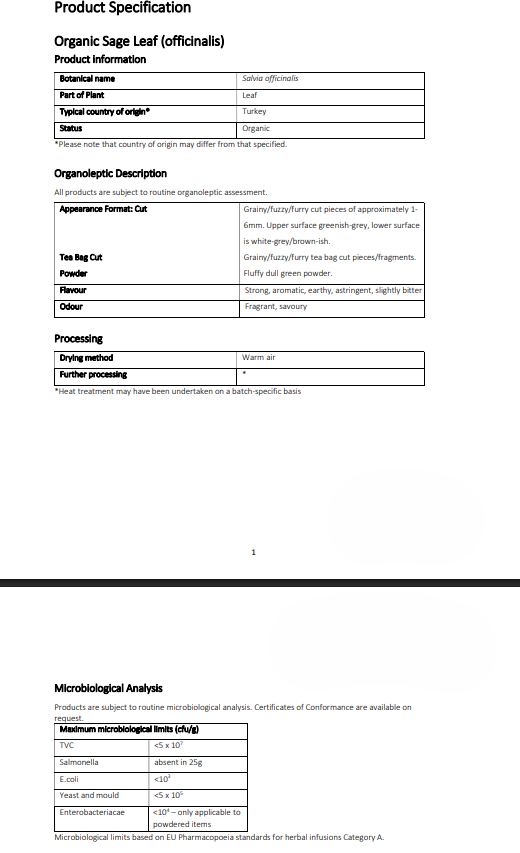 Product specification sheet for Organic Sage Leaf with specific information about flavour, odour, appearance, microbiological analysis.