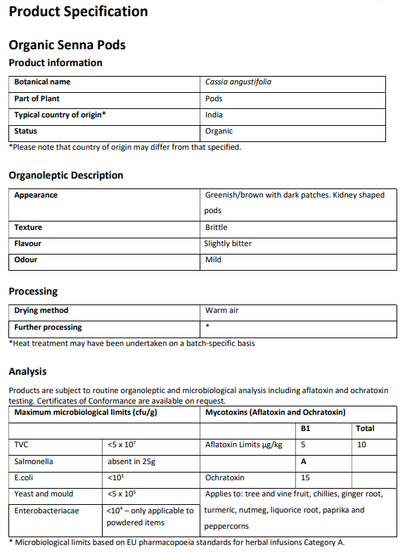 Product specification sheet for Organic Senna Pods with details on botanical name, part of plant, country of origin, appearance, texture, flavor, and processing methods.