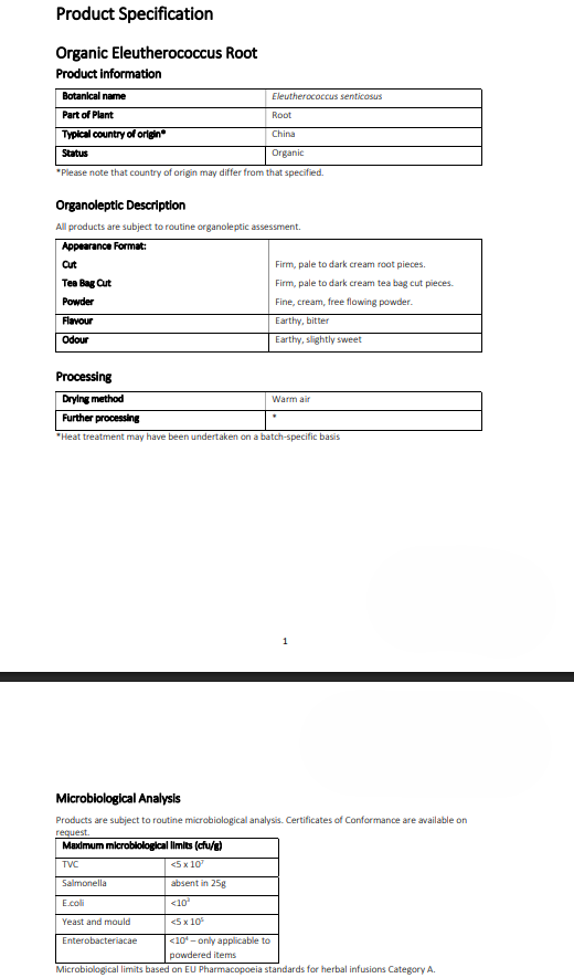 Product specification sheet for Organic Siberian Ginseng Root with details of analysis