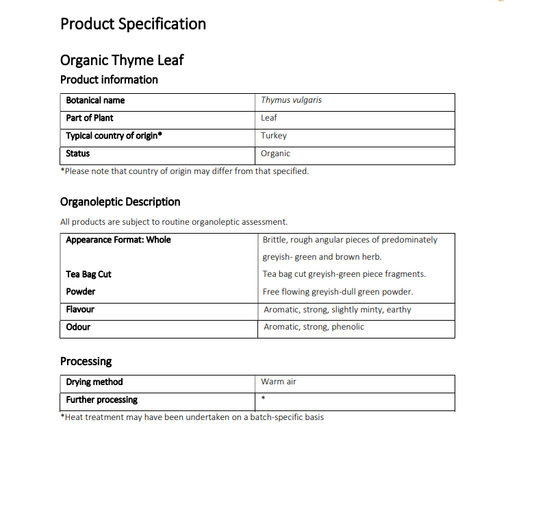 Product specification sheet for organic thyme leaf