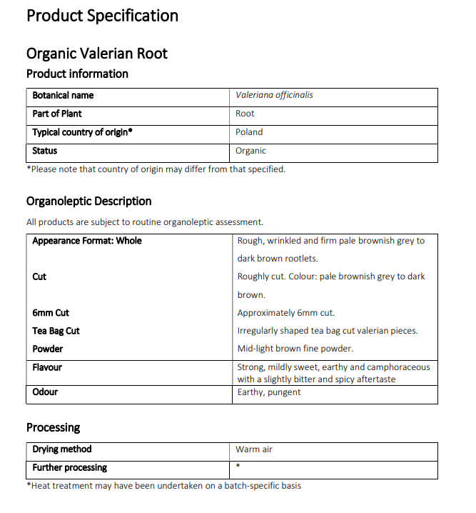 Product specification sheet for Organic Valerian Root with details on botanical name, part of plant, country of origin, appearance format, flavor, and processing method.