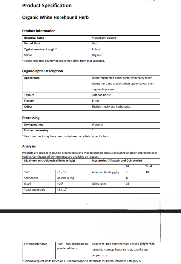 Product specification sheet for Organic White Horehound Herb with detailed information.